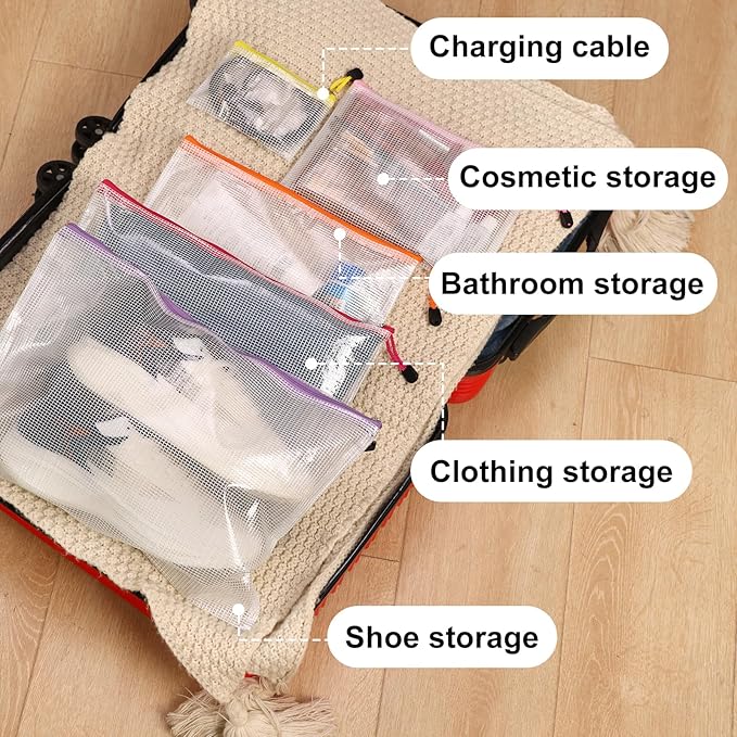 EOOUT 64pcs Mesh Zipper Pouch Bags, 8 Sizes Plastic Bags, 15 Colors Waterproof Pouches with Slide Fastener for Organization, Multipurpose for Travel, School Supplies, Office and Home Organization