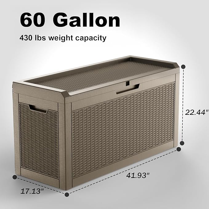 60 GallonOutdoor Storage Box,Resin Deck Boxes Waterproof, IndoorOutdoor Bin for Package Delivery, Patio Cushions, Gardening Tools, Lockable, UV Resistant