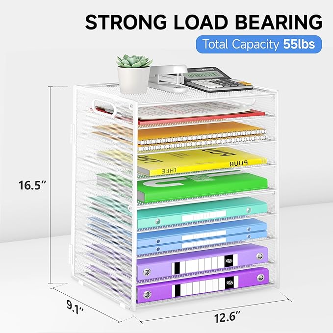 9 Tier Paper Organizer with Handle, White Large Capacity Desk Organizer Mesh File Folder Letter Paper Tray Desktop Document Sorter for Classroom, School, and Office Accessories Organization