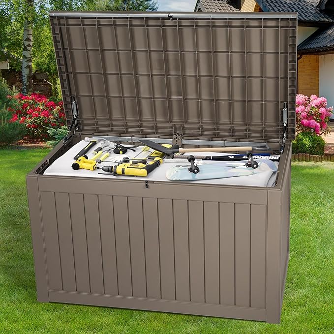 YITAHOME 230 Gallon Large Outdoor Storage XXL Deck Box for Patio Furniture, Outdoor Cushions, Garden Tools and Sports/Pools Equipment, Waterproof Resin, Lockable, Taupe