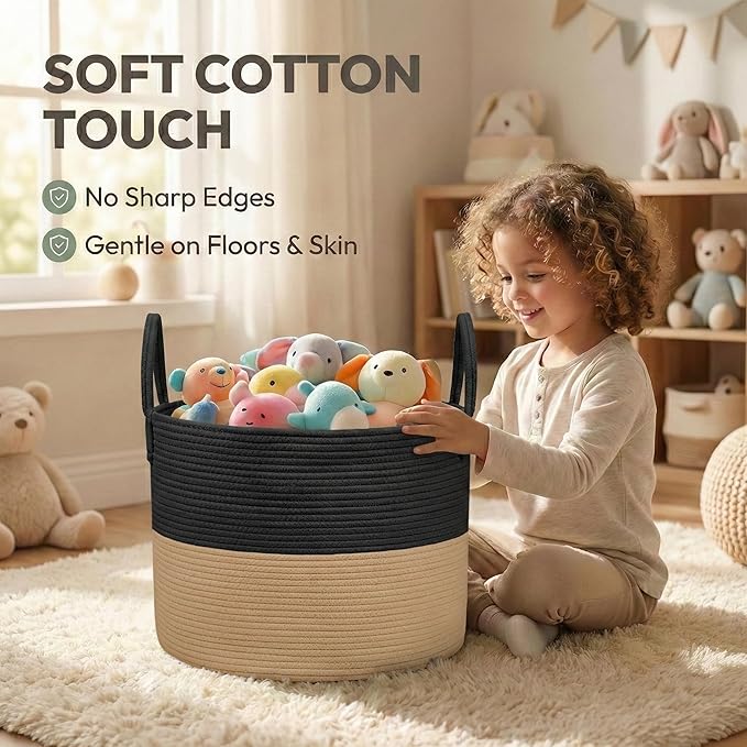 65L Extra Large Blanket Basket for Living Room - Woven Cotton Rope Laundry Hamper with Reinforced Handles - Storage Bin for Pillows, Comforters & Toys - Machine Washable,Black&Jute