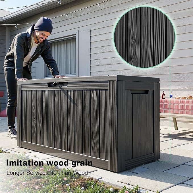 80 Gallon Outdoor Deck Box,Waterproof Resin Outdoor Storage Boxes, Outside Storage Lockable Container for Garden Tools,Indooor Cushions,Accessories (Black)