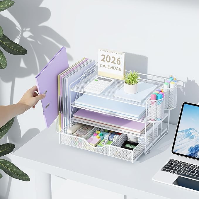 gianotter Desk Organizers and Accessories with File Holder, 4-Tier Desk Accessories & Workspace Organizers with Drawer and 2 Pen Holder, Paper Organizer for Office Supplies (White)