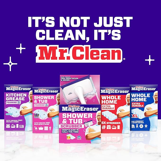 Mr. Clean Magic Eraser Shower & Tub Scrubber, Bathroom Cleaner, All in One Bathroom Cleaner, Lemon Starter Kit, 2 Scrubber, 5 Foaming Magic Erasers, 1 Whole Home Extra Durable Magic Eraser