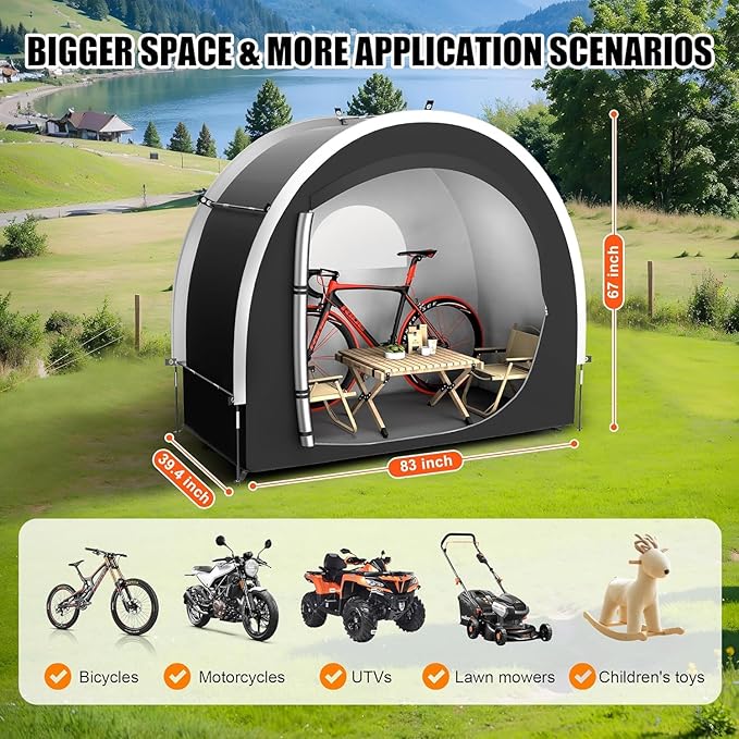 39.4" Larger Storage Shed Tent for Bike Motorcycle ebike eScooter Lawn Mower Outdoor Canopy Shelter Protection with Water Resistant Dustproof Windproof and Sunproof for RV Travel