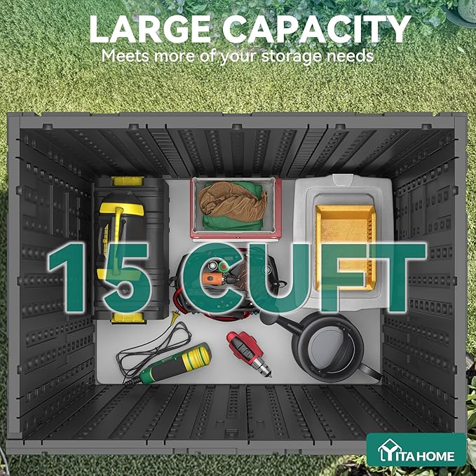 YITAHOME Outdoor Storage Cabinet with 2 Shelves, Waterproof Resin Horizontal Tool Shed, Lockable 15 cu. ft. Storage Shed for Patio, Garden, Yard, Dark Gray