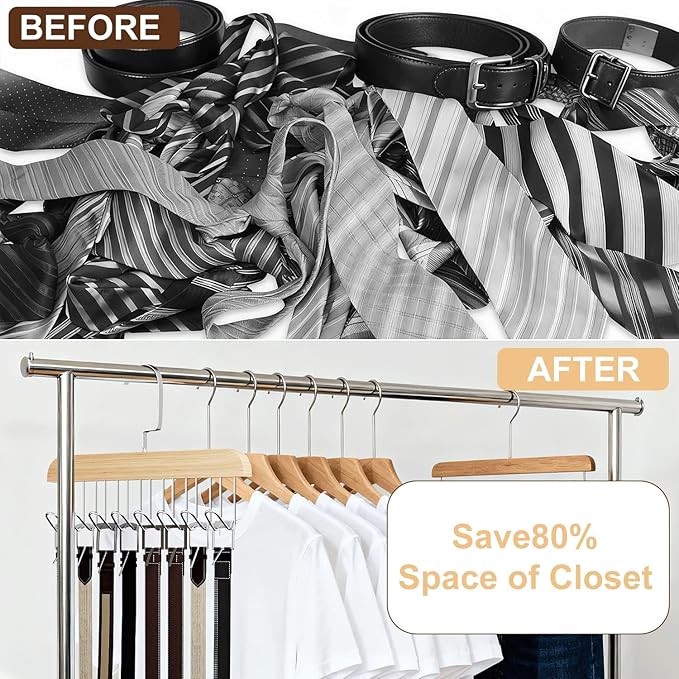 4 Pack Tie Hanger for Closet, Wooden Tie Rack Hangers for Men with 8 Hooks, Space Saving Tie Holder Organizer,Closet Storage for Ties,Belts,Bras,Scarves,Tank Tops