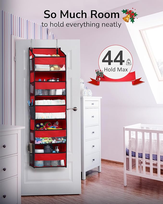 ULG 1 Pack Over The Door Organizer – 5 Shelf Door Organizer Hanging & 10 Side Pockets, Reinforced 44LB Capacity Hanging Organizer, Behind The Door Storage for Bedroom, Nursery, Christmas (Red)