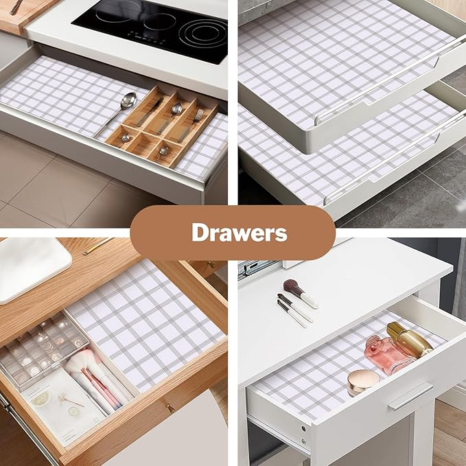 Drawer and Shelf Liner for Kitchen Cabinet: 12 in X 20 Ft Non Slip Waterproof Shelf Paper Non Adhesive Refrigerator Liners White Square Easy Liners for Bathroom Cupboard with Knife Tape Measure