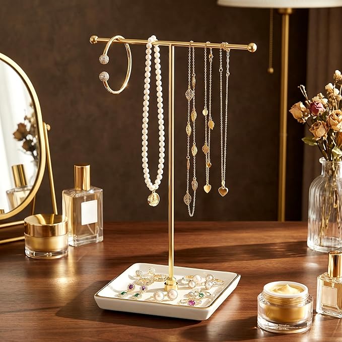 Jewelry Holder Stand with Ceramic Base: 12" Tall Necklace Organizer Rack, Tree Design Display Storage for Necklaces, Bracelets, Rings, Earrings, Aesthetic Vintage Room Décor (Gold)
