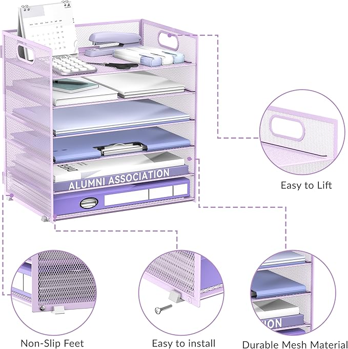 Daltack 6 Tier Paper Organizer for Desk, Paper Letter Tray Organizer for Desks, Mesh Desk File Organizers with Handle for Office, Home, School, Purple, 2 Pack