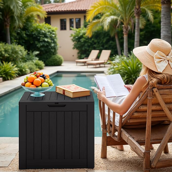 Greesum 40 Gallon Outdoor Deck Box with Lock, Resin Storage Chest for Patio Furniture Cushions, Garden Tools, Pool Toys, Waterproof & UV Resistant, Large Capacity, Dark Black