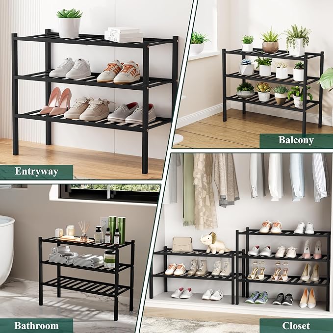 Smiry Shoe Rack, 4 Tier Long Bamboo Shoe Organizer, Stackable Free Standing Wooden Shoe Storage Shelf for Closet, Entryway, Front Door Entrance, Black