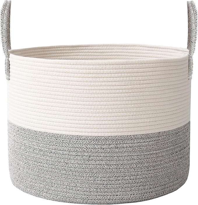 115L Extra Large Blanket Basket for Living Room - Woven Cotton Rope Laundry Hamper with Reinforced Handles - Storage Bin for Pillows, Comforters & Toys - Machine Washable,White&Grey