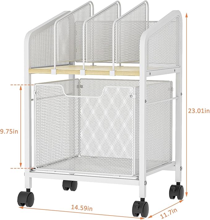 Rolling File Cabinet with Adjustable Dividers, Mobile Filing Cabinet with Storage Drawer on Lockable Wheels, Hanging File Organizer Beside Under Desk for Office, Home, White（Patent Pending）