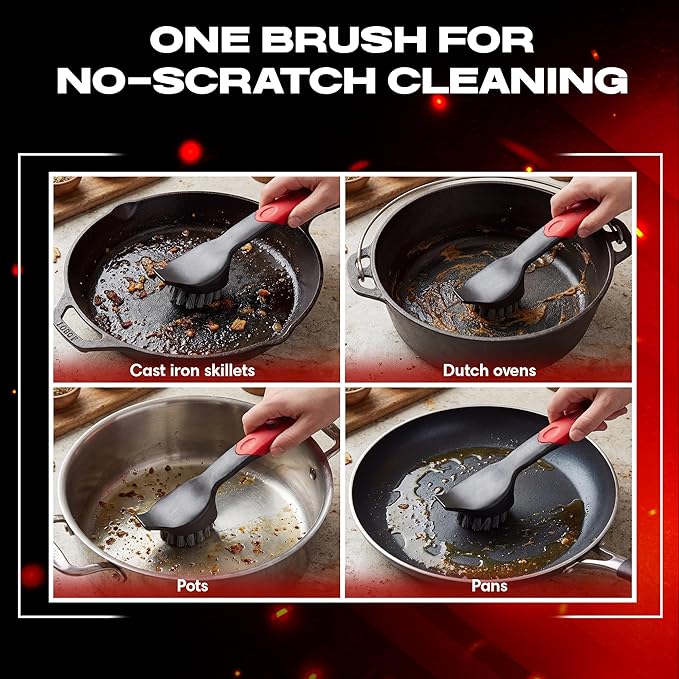 Cast Iron Scrub Brush & Scraper, Dish Scrubber Brush with Heavy Duty Scraper & Superior Nylon Bristles for Cleaning Cast Iron Pan & Skillets, Removes Grime, Grease & Food Build Up by Chef Master 90058