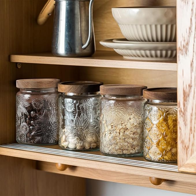 24 OZ Airtight Glass Storage Jar with Bamboo Lid - Vintage Glass Jar Vintage Food Containers Canisters Set for Kitchen Counter & Pantry - Ideal for Sugar, Flour, Coffee, Tea, Candy, Oats, Cereal