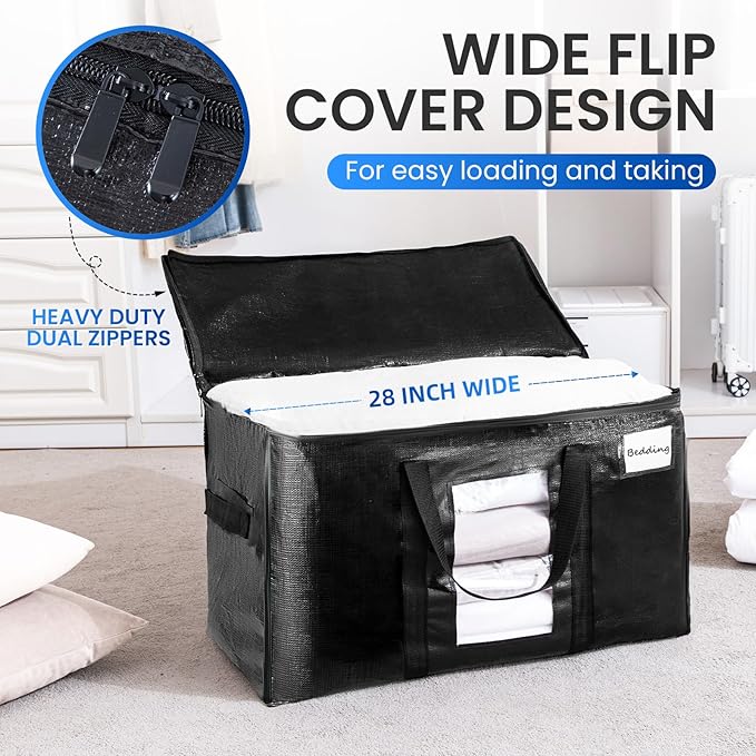 TAILI Extra Large Moving Bags, 6 Pack Black Heavy Duty Totes for Storage with Visible Window, Wrap Around Handles, Storage Bags for Space Saving, Alternative to Moving Boxes