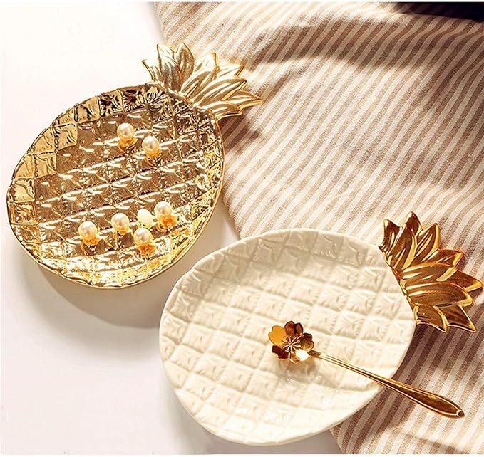 Ceramic Jewelry Pineapple Trays,Electroplated Golden Pineapple Plate,Home Decor Dish Wedding Birthday (White)