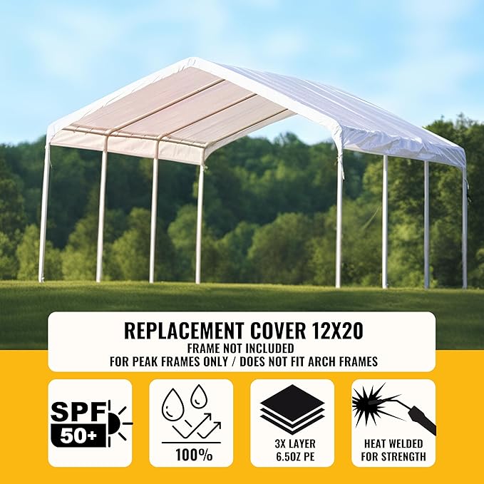 12x20 ft Carport Replacement Canopy Cover - Heavy-Duty Waterproof Tarp with UV Protection, Easy Install Canopy Shelter Top (Frame NOT Included)