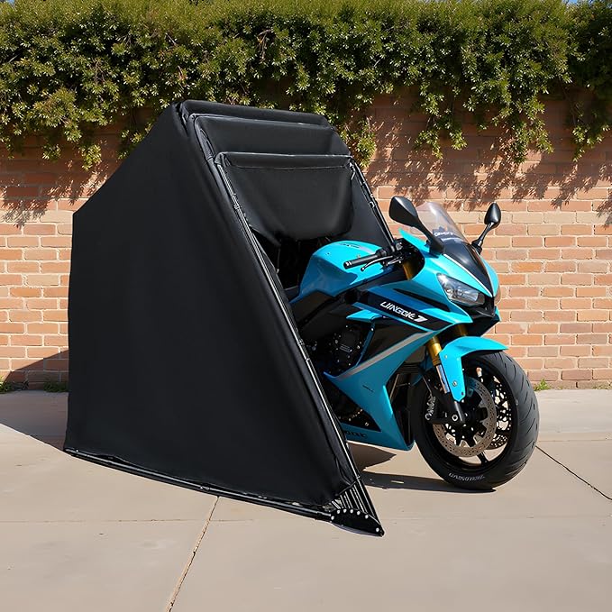 Motorcycle Storage Shelter Shed 3.25x9FT Motorcycle Garage Tent Heavy Duty Vehicle Motorcycle Shed with 600D Oxford Fabric Cover with 2 Roll-Up Side Windows (Black, M Size)