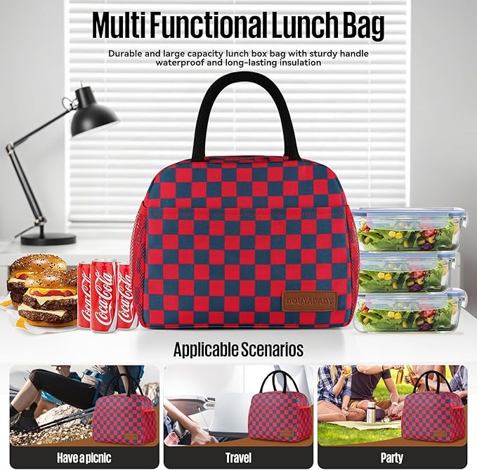Lunch Bag Women/Men Lunch Box Women/Men (Dark blue+Red Checkerboard)