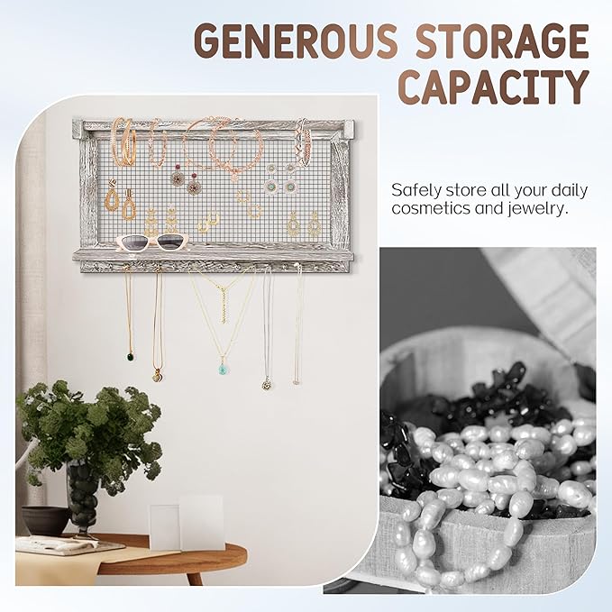 Rustic Wall Mounted Jewelry Organizer with Removable Bracelet Rod & Shelf - Multi-Functional Earring Holder, Necklace Organizer and Bracelet Stand with Hooks for Jewelry Storage and Display
