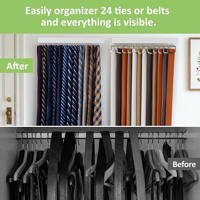 2 Pack Tie Rack Wall Mounted Belt Organizer for Men, Wooden Tie Hanger for Wall Closet with 24 Non-Slip Rotating Hooks Necktie Storage Space Saving, White