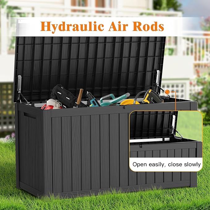 200 Gallon Outdoor Storage Box, Waterproof Deck Box with Handles and Lockable Lid, Resin Patio Storage Box with Hydraulic Rods for Garden Tools, Cushions, Black