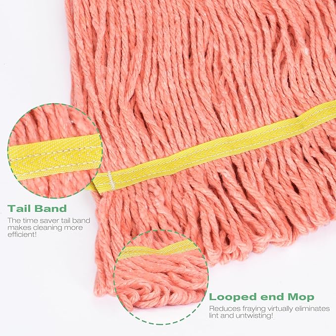 Matthew Cleaning Heavy Duty Mop Head Replacement, 5 Inch Wide Headband, Color Coded Looped End Cotton String Wet Mops for Floor Cleaning, Medium Size 18 oz, 4 Pack