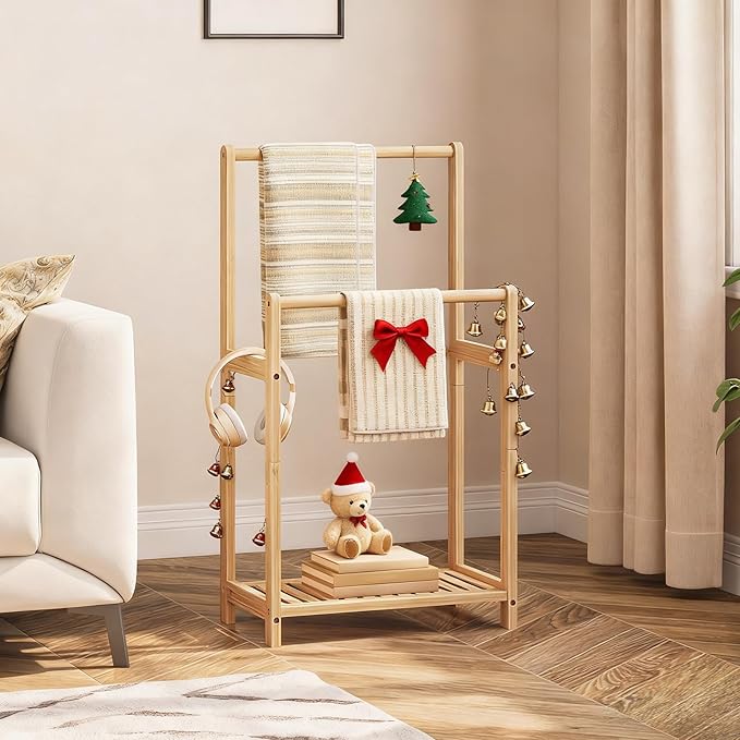 HOOBRO Freestanding Towel Rack for Bathroom, 2 Tier Decorative Bamboo Blanket Rack, Quilt Display Stand with Storage Shelf, 16.5" L x 9.4" W x 30.5" H, Bedroom, Living Room, Natural Color YL02LB01