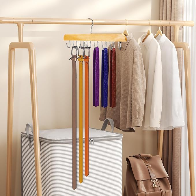 Solid Wood Belt Hanger for Closet, 14 Hooks Belt Organizer Space Saver, 360° Rotating Belt Holder Tie Rack for Men Women Dorm Bra Purse Scarf Tank Top Storage Accessories (Beige)