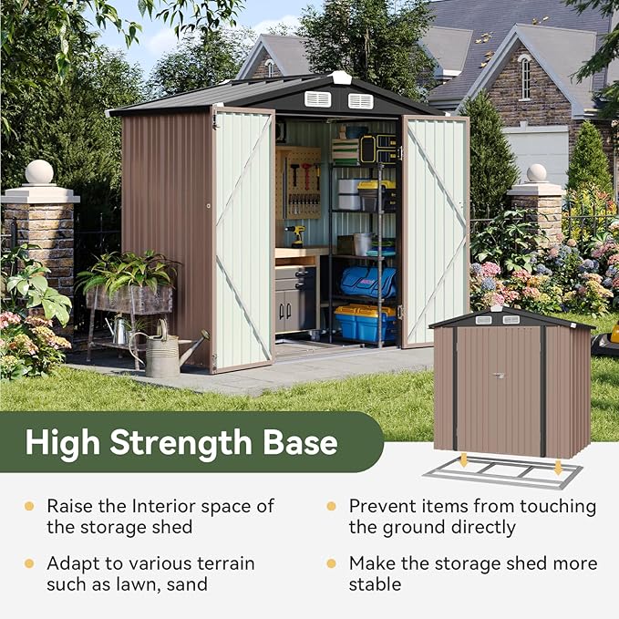 Aoxun 6x3.9 FT Shed with Base Metal Outdoor Storage Shed Garden Shed with Lockable Doors Tool Shed Bike Shed for Backyard, Patio, Poolside (Brown)