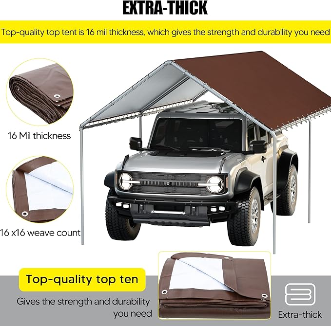 10 x 20 Ft Carport Replacement Canopy Cover Garage Top Tent Shelter Tarp with Free 48 Ball Bungee Cords,Brown (Only Cover, Frame Not Include)