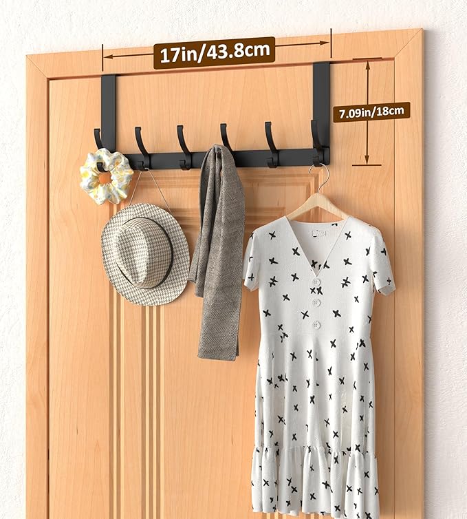 Over The Door Hooks Hanger with 7" Arms, Door Hooks for Hanging, Fit 1 3/4" Door, Tool-Free Assembly, F7U, Towel Racks Organizer Holder for Bathroom - Black
