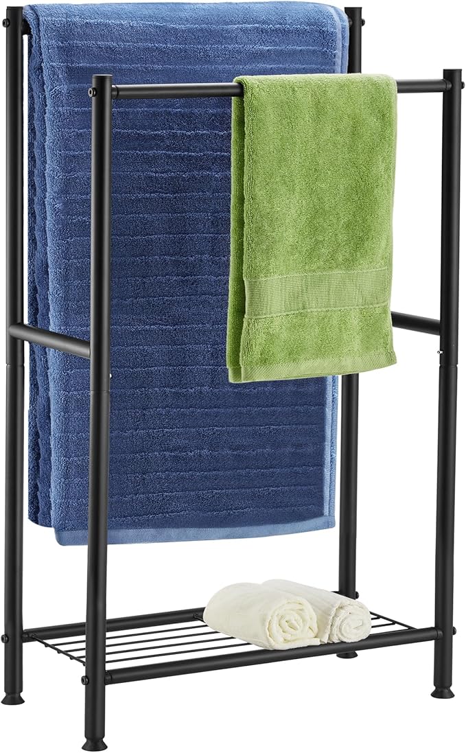 Free Standing Towel Rack, 2 Tier Towel Racks for Bathroom with Storage Shelves, Modern Outdoor Standing Towel Drying Rack for Poolside, Black Blanket Rack Holder, DECLUTTR