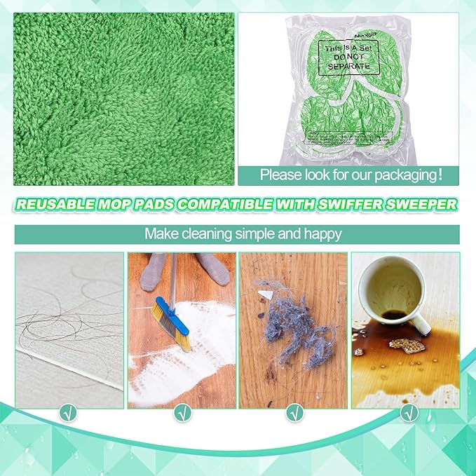 Nuogo 16 Packs Reusable Wet Mop Pads Refills Compatible with Swiffer Sweeper Mops Household Cleaning Tools for Wet & Dry Use(Green)