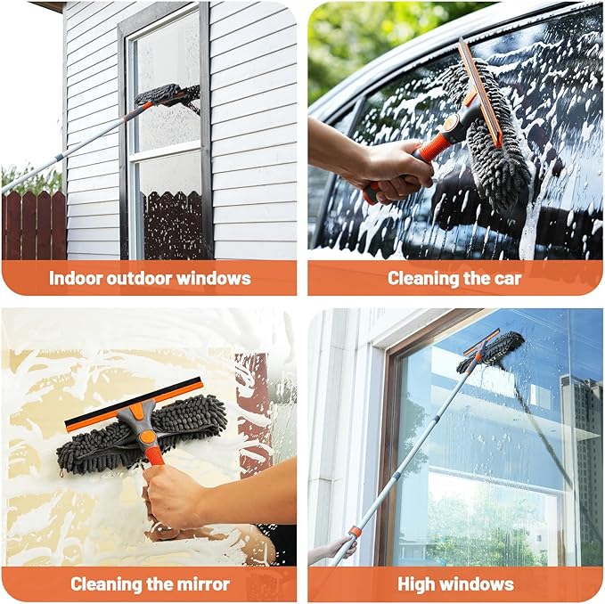 Eazer 64'' Squeegee Window Cleaner 2 in 1 Rotatable Window Cleaning Tool Kit with Telescopic Pole, Window Washing Equipment with Bendable Head for Indoor/Outdoor Window and Car Glass