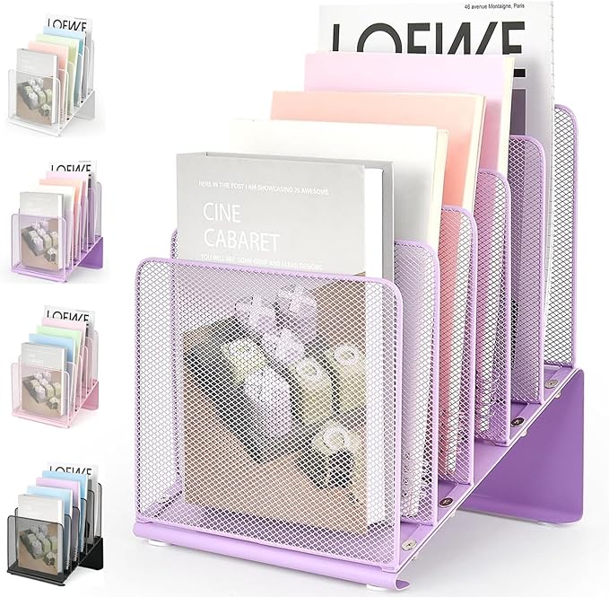 File Organizer for Desk, Desk Organizer with 5-Section Vertical File Rack, File Folder Organizer (Purple)