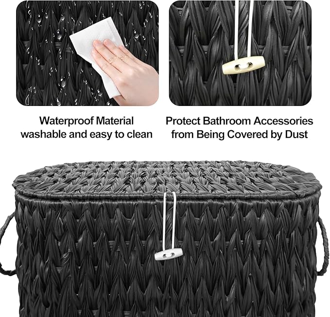 Black Toilet Paper Basket with Lid,Wicker Toilet Paper Storage Stand,Large Narrow Bathroom Towel Basket Mega Roll Container Bin for Toilet Tank,Floor