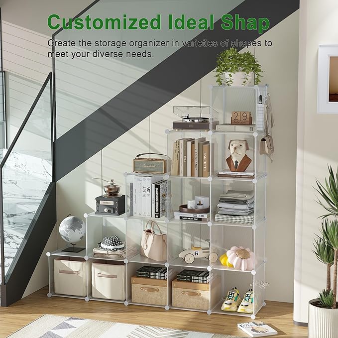 C&AHOME Cube Storage Organizer, 16-Cube Shelves Units, Plastic Storage Cubes, DIY Closet Organizer, Modular Closet Storage Shelf Ideal for Home, 48.4" L × 12.4" W × 48.4" H Transparent Twill UPCS16T
