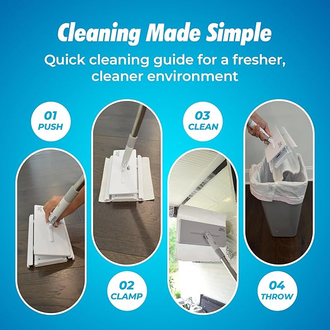FlexiClamp Sweep & Mop Kit - Compatible with Swiffer Pads, Durable Cleaning Tool for Hardwood, Tile, Marble & Laminate Floors, Home, Kitchen Cleaning Essentials. (Include 10 Dry Cloths)