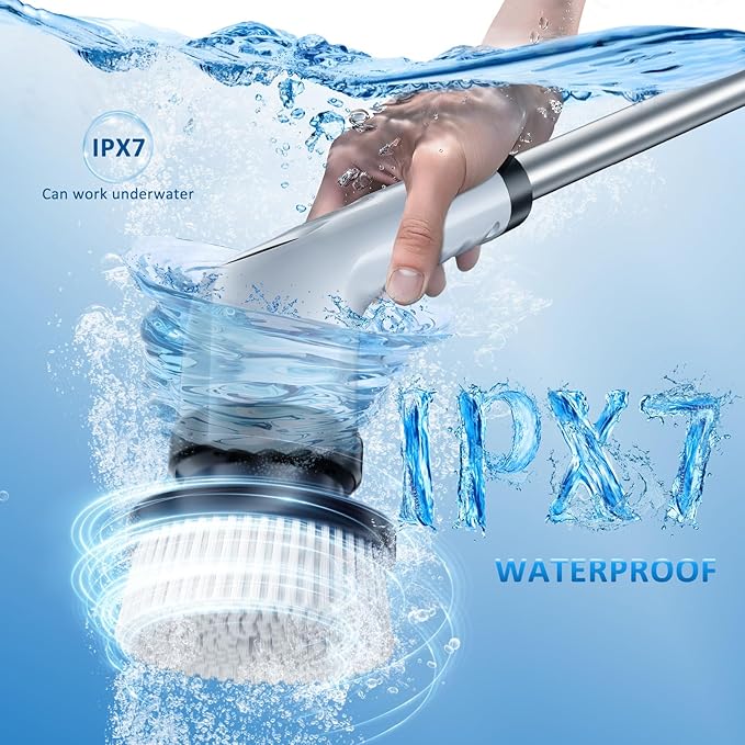 Electric Spin Scrubber Upgraded Battery with Extra-Long Runtime, IPX7 Waterproof Power Cleaner with 7 Brush Heads, 2 Speeds Adjustable Long Handle for Bathroom, Floor, Shower