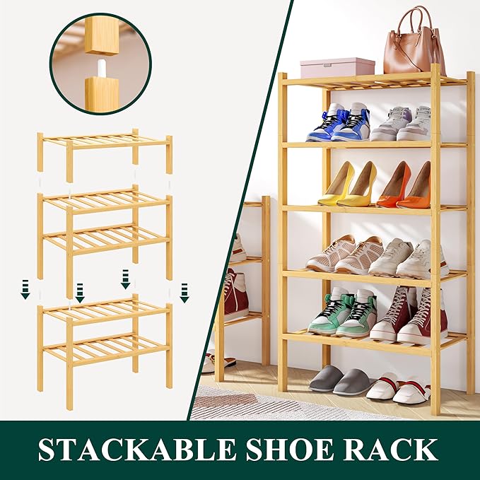 Smiry Shoe Rack, 4 Tier Small Bamboo Shoe Organizer, Stackable Free Standing Wooden Shoe Storage Shelf for Closet, Entryway, Front Door Entrance, Natural