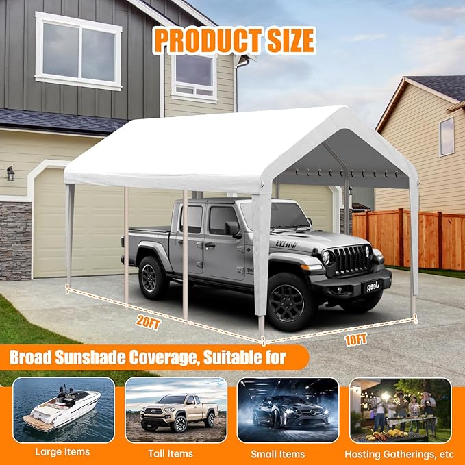 Carport Canopy 10'x20' Heavy Duty Replacement Cover, Garage Shelter Cover 800D Oxford Waterproof & UV Protected Tarp with Ball Bungees, Not Include Frame, White