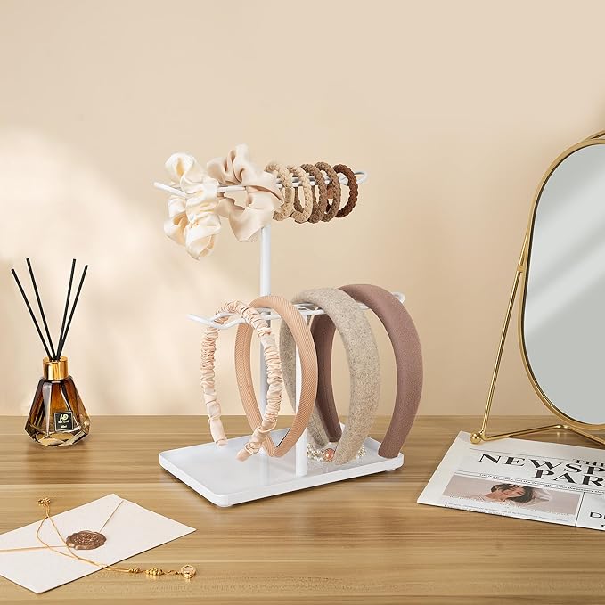Headband Holder Organizer for Hair Accessories: Headband Storage Vanity Hair Clip Organizer, Two-Tier Stand with Storage Tray for Girls Women, Jewelry Necklace Rack for Vanity, Bathroom, White