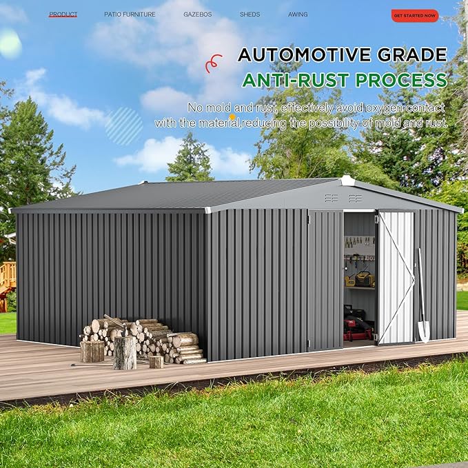 AECOJOY Shed 12' x 14' Storage Shed, Outdoor Metal Storage Sheds & Outdoor Storage 14x12 with Lockable Doors, Large Steel Yard Shed, Utility Tool Storage for Garden, Patio, Outside use in Dark Grey