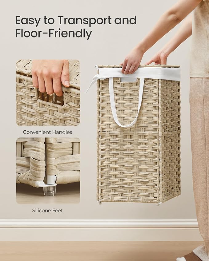 SONGMICS Laundry Hamper with Lid, 17.2 Gallon (65L) Synthetic Rattan Clothes Laundry Basket with Lid and Handles, Foldable, Removable Liner, Summer Sand ULCB165LZ01