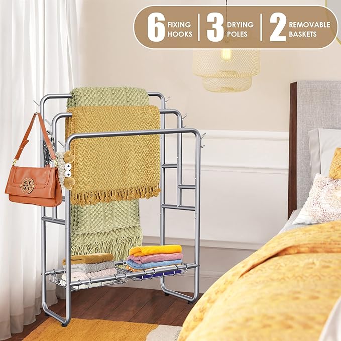 Kayfia 40" Tall Standing Towel Rack for Extra Large Towel, 3 Tier Floor Towel Stand with Storage Basket & Hook, Freestanding Blanket Ladder Display and Drying Rack for Bathroom Living Room