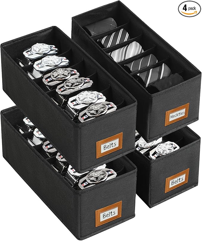 4 PCS Belt Organizer for Drawer & Closet, 6 Grids Foldable Fabric Belt Holder, Washable Belt Storage Box, Tie Organizer for Men